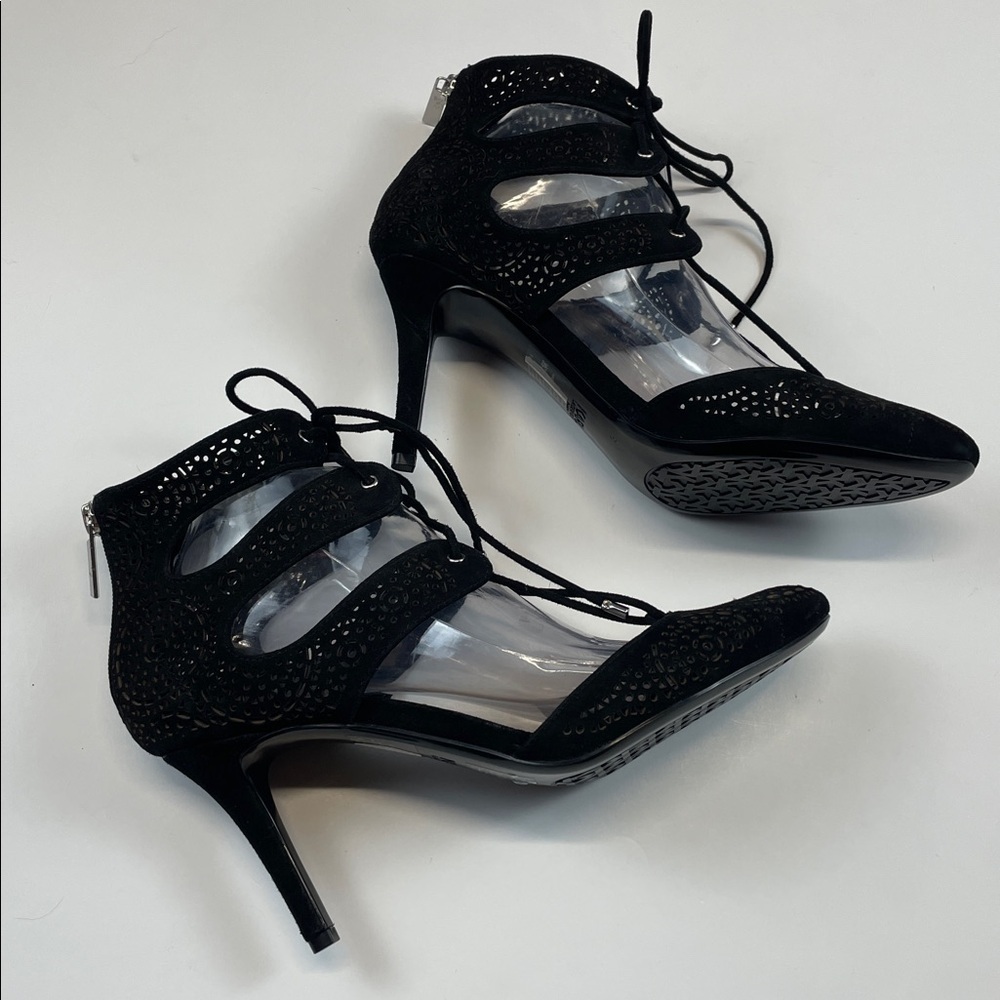 Karl Lagerfeld Paris Black Suede Laser Cut Lace Up Heels Womens Sz 8 - Picture 4 of 10